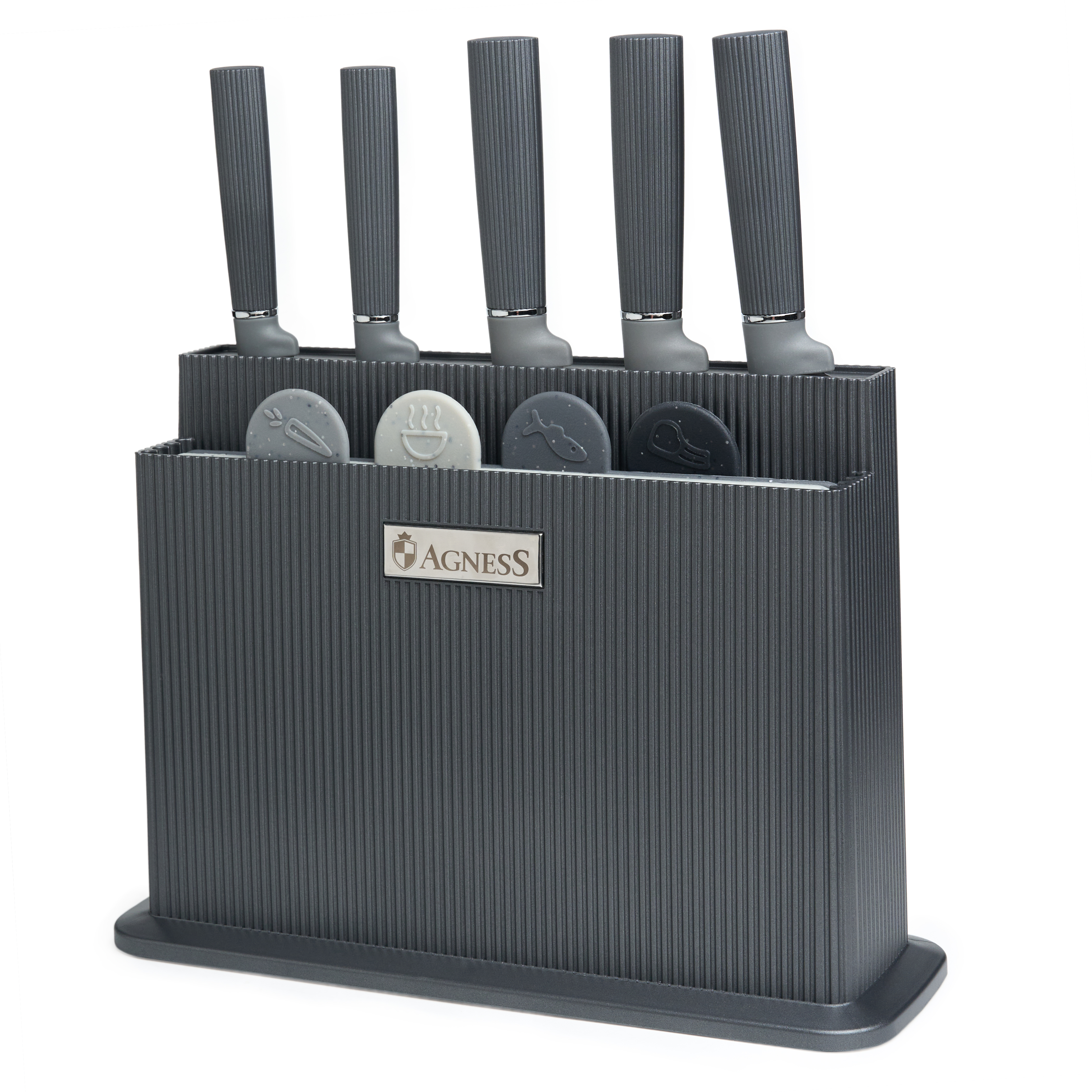 НАБОР AGNESS ИЗ 10ПР: 5 НОЖЕЙ, 4 ДОСКИ И ПОДСТАВКА, ЦВЕТ: ЧЕРНО-СЕРЫЙ