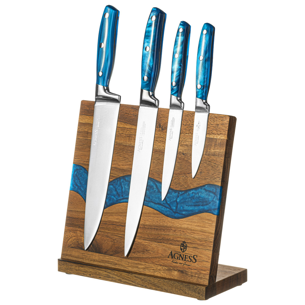 НАБОР НОЖЕЙ AGNESS НА ДЕРЕВЯННОЙ ПОДСТАВКЕ С МАГНИТНЫМ ДЕРЖАТЕЛЕМ, 5 ПРЕДМЕТОВ,