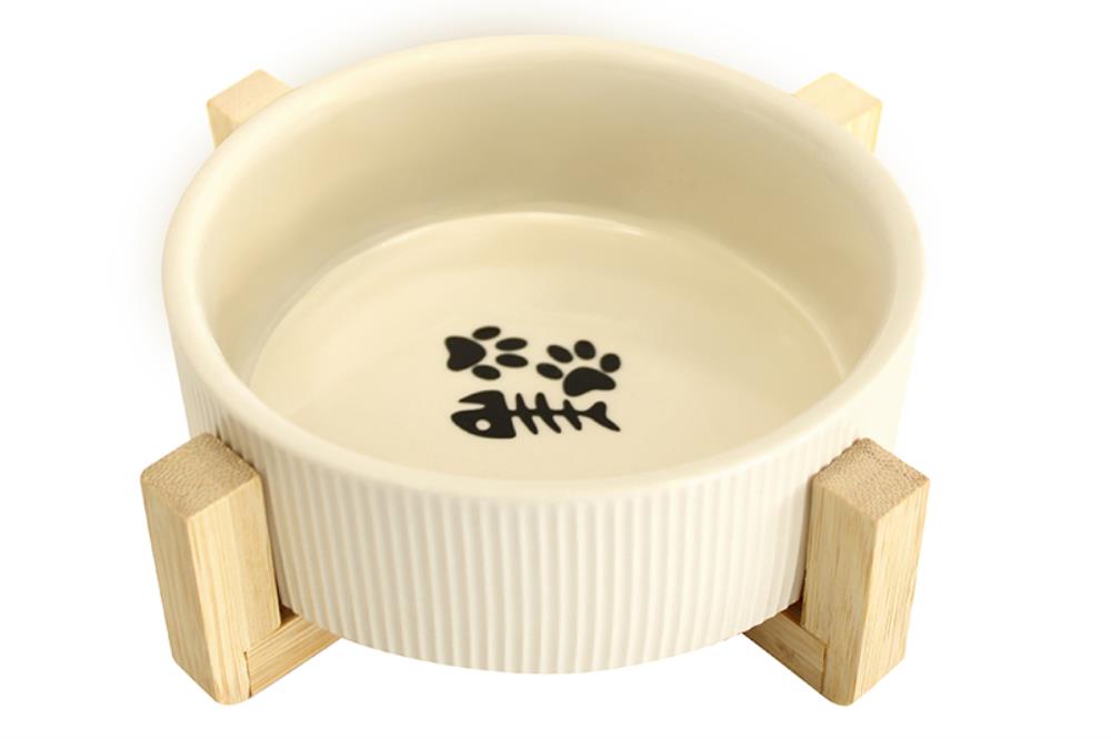 Миска для домашних питомцев 300 мл 12,5*12,5*6 см, с бамбуковой подставкой, молочная