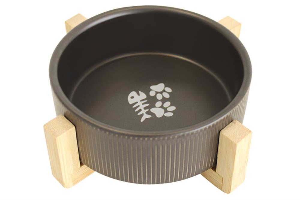 Миска для домашних питомцев 300 мл 12,5*12,5*6 см, с бамбуковой подставкой, темно-серая
