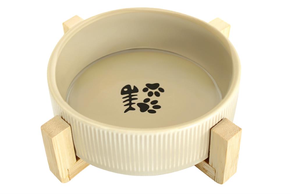 Миска для домашних питомцев 300 мл 12,5*12,5*6 см, с бамбуковой подставкой, бежевая