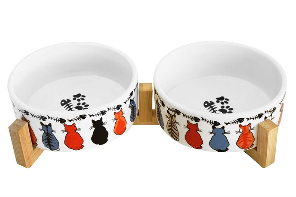 Набор 2 мисок для домашних питомцев 450 мл 28*14,5*6,5 см, с бамбуковой подставкой