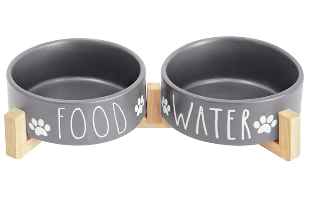 Набор 2 мисок для домашних питомцев 450 мл 28*14,5*6,5 см, с бамбуковой подставкой, темно-серая