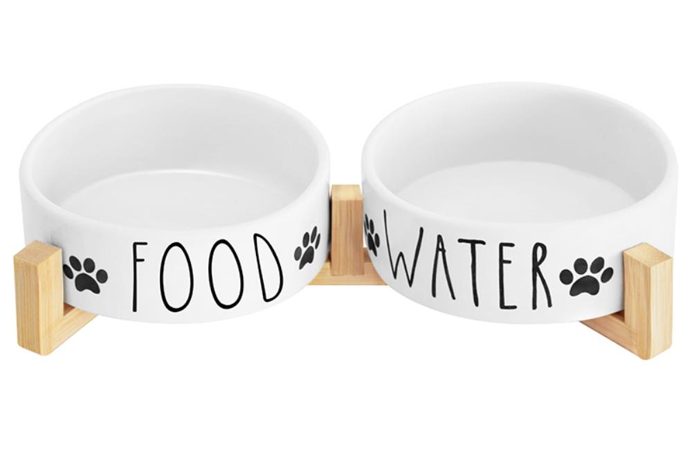 Набор 2 мисок для домашних питомцев 450 мл 28*14,5*6,5 см, с бамбуковой подставкой, белая