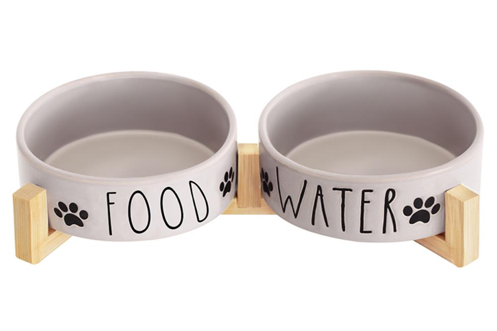 Набор 2 мисок для домашних питомцев 450 мл 28*14,5*6,5 см, с бамбуковой подставкой, серая