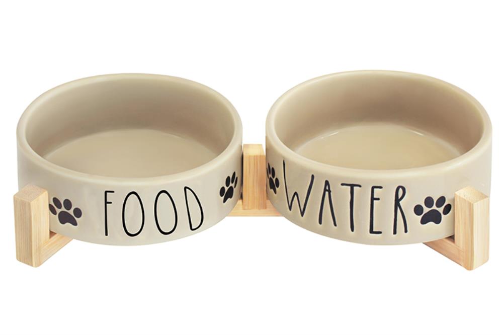 Набор 2 мисок для домашних питомцев 450 мл 28*14,5*6,5 см, с бамбуковой подставкой, бежевый/серый