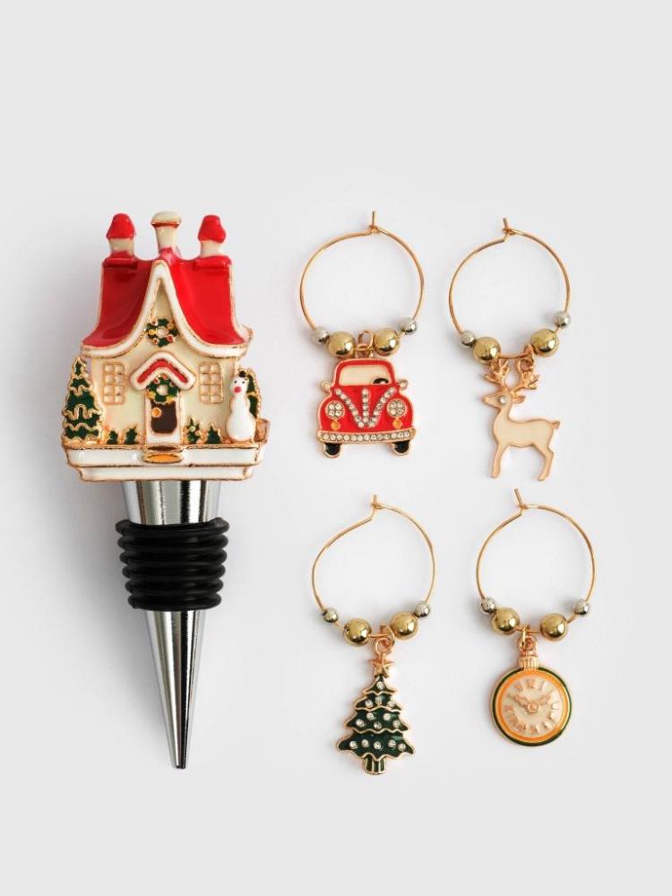 Пробка для винной бутылки с подвесками, 5 пр, металл/бусины, Домик в снегу, New year