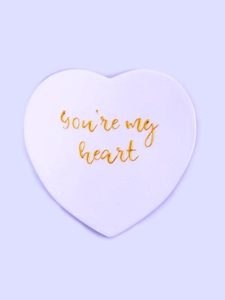 Подставка под кружку, 13х9 см, керамика/пробка, сердце, белая, Надпись