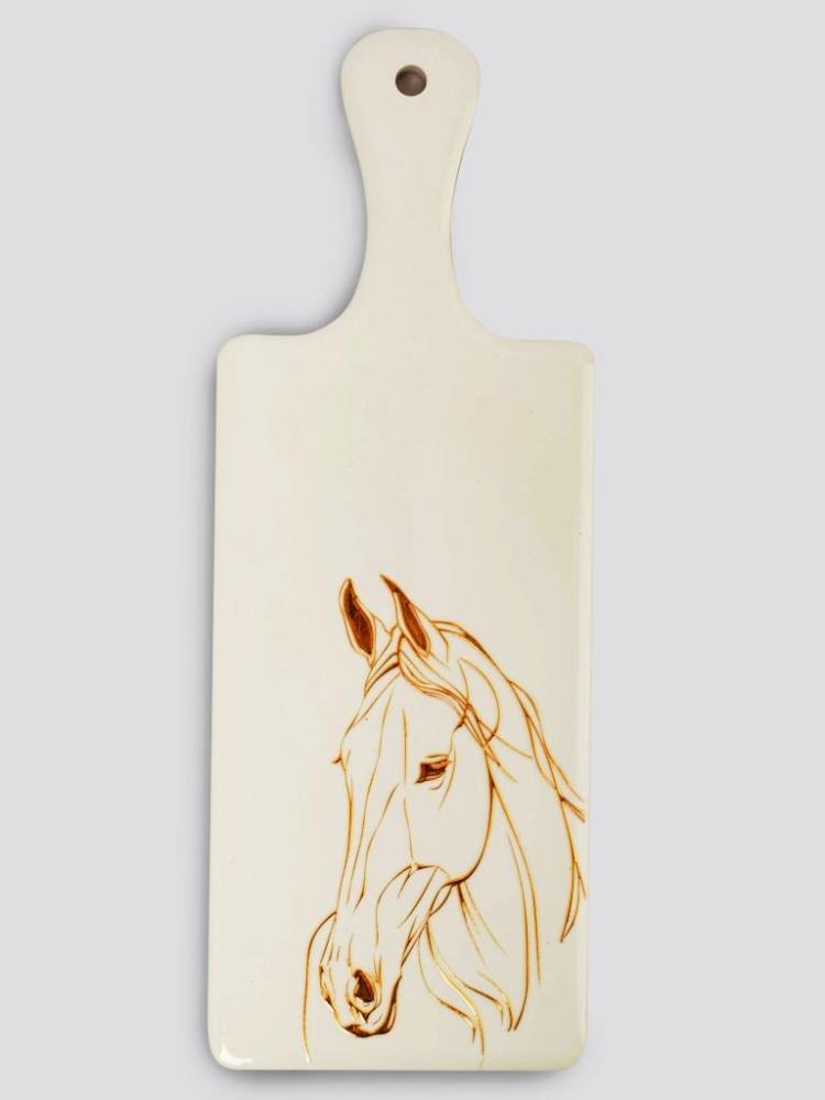 Подставка под горячее, 14х28 см, керамика/пробка, с ручкой, белая, Лошадь, Horse