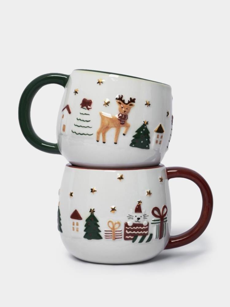 Кружка, 400 мл, 2 шт, керамика, зеленая/красная, Олень и Кот, New year
