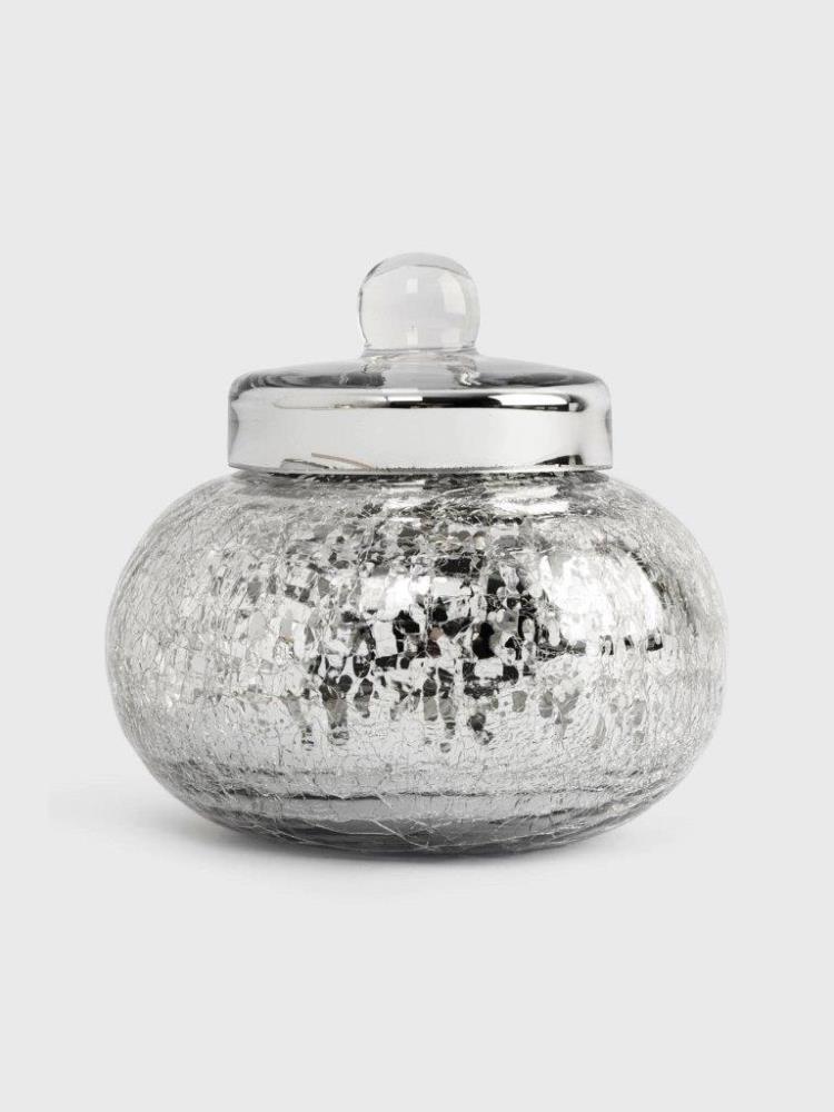 Конфетница, 16х15 см, с крышкой, стекло, серебристая, Кракелюр, Craquelure