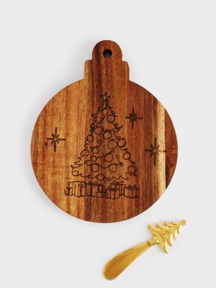 Набор для сыра, 2 пр, доска-блюдо, сталь/дерево, золотистый, Новогодний шар