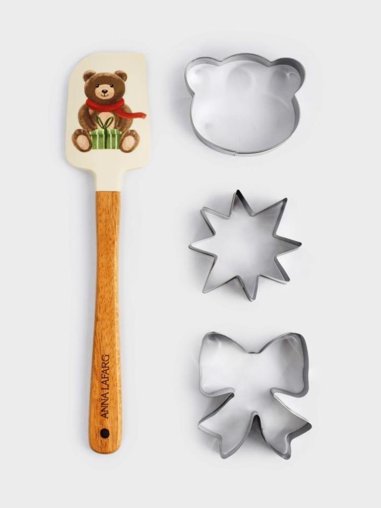 Набор для выпечки, 4 пр, лопатка/формы, силикон/дерево/сталь, Медведь и елка, New year