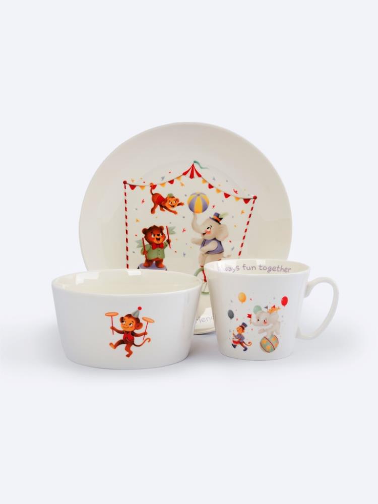 Набор посуды, детский, 1 перс, 3 пр, фарфор N, белый, Животные в цирке, Circus
