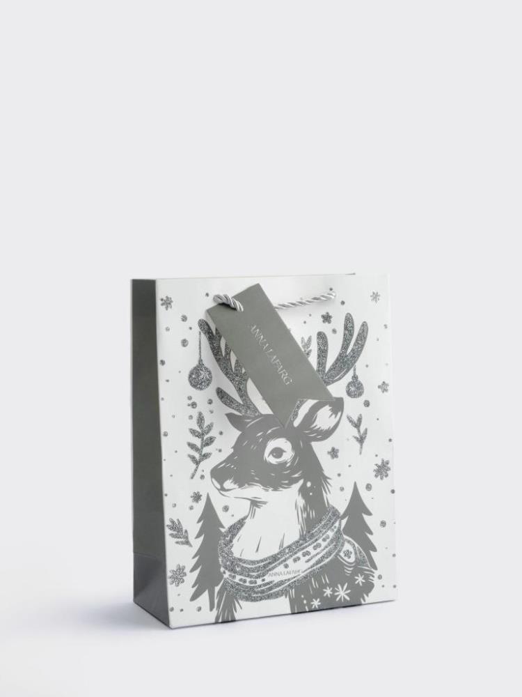 Пакет подарочный, 18х24 см, бумага, белый, Олень в шарфе, Maral grey