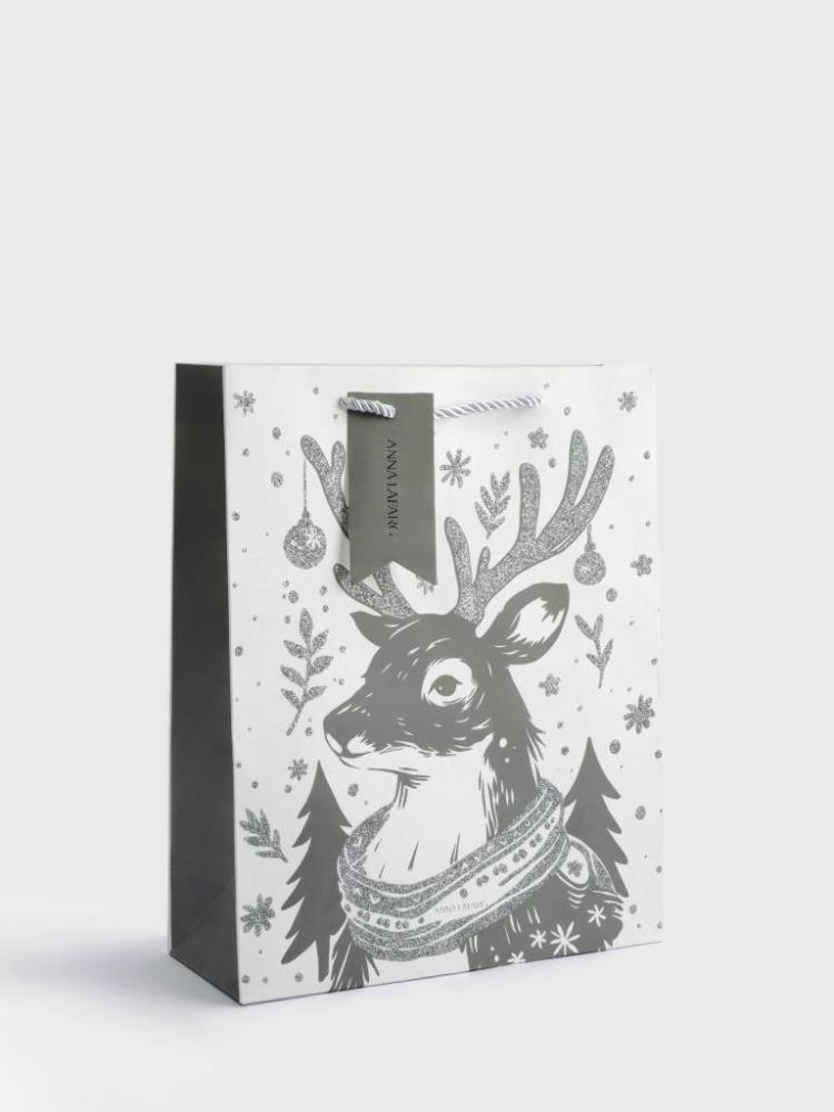 Пакет подарочный, 26х32 см, бумага, белый, Олень в шарфе, Maral grey