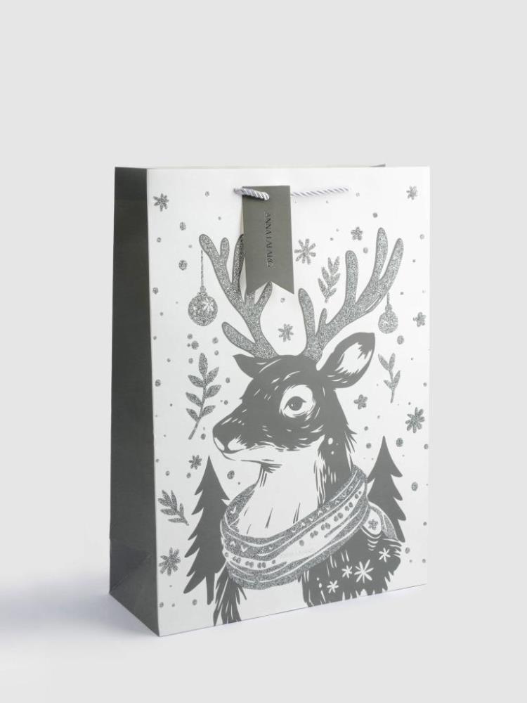 Пакет подарочный, 30х42 см, бумага, белый, Олень в шарфе, Maral grey