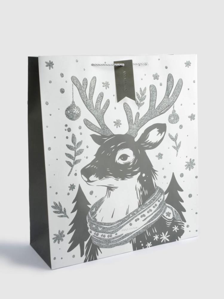 Пакет подарочный, 42х48 см, бумага, белый, Олень в шарфе, Maral grey