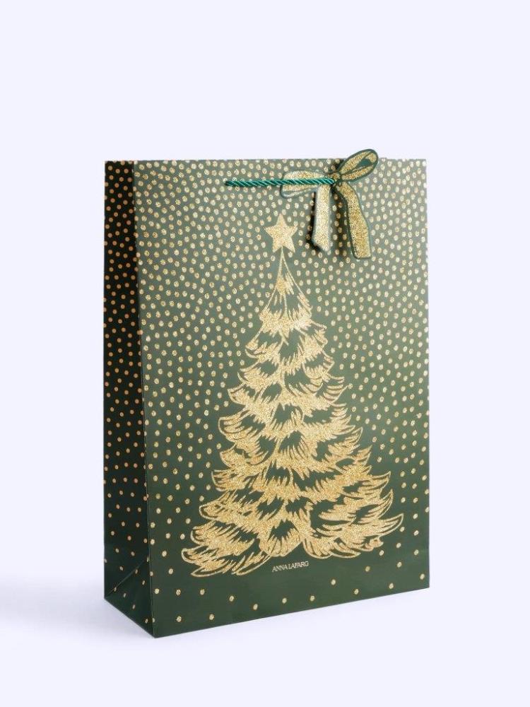 Пакет подарочный, 30х42 см, бумага, золотисто-зеленый, Елка, New year
