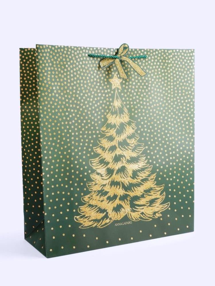 Пакет подарочный, 42х48 см, бумага, золотисто-зеленый, Елка, New year