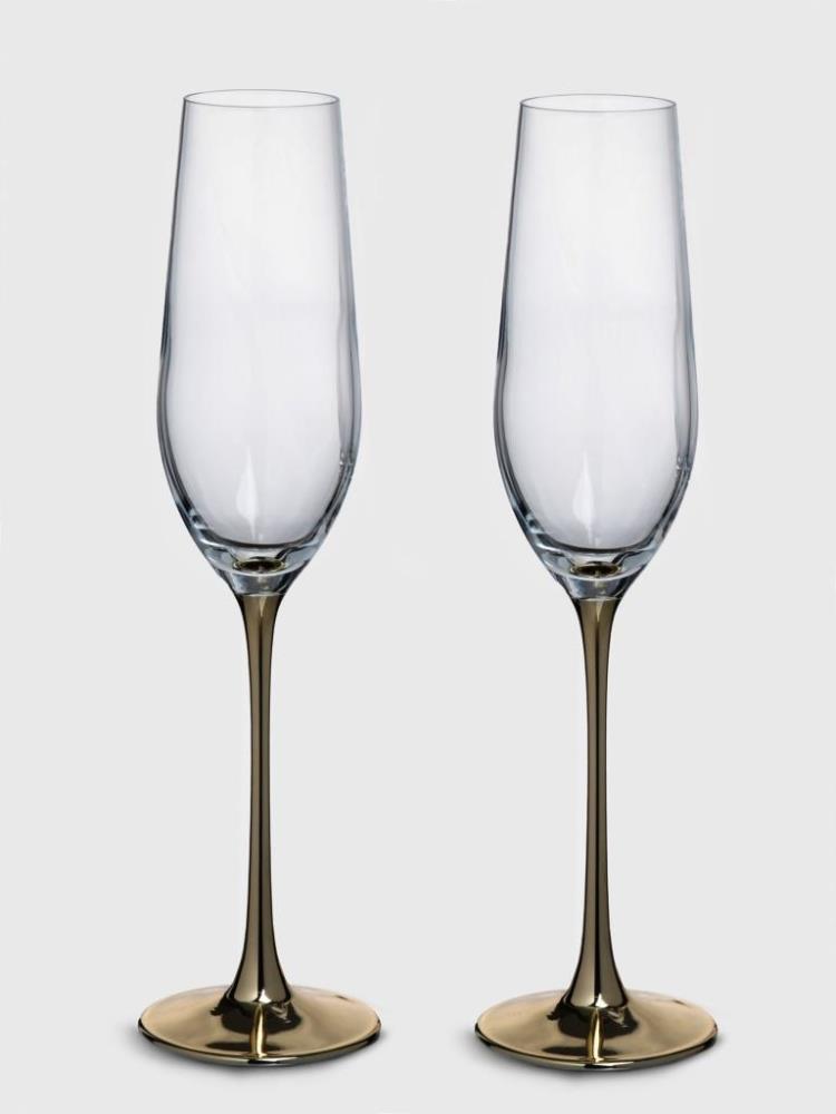 Бокал для шампанского, 180 мл, 2 шт, стекло, золотистая ножка, Ravello