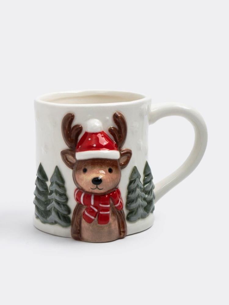 Кружка, 400 мл, керамика, серая, Олень в шапке и шарфе, Winter Forest