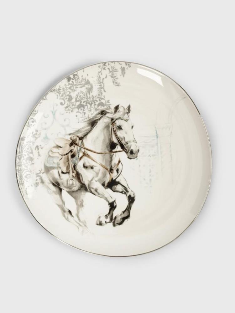 Тарелка обеденная, 28 см, фарфор N, белая, с серебристым кантом, Конь, White horse