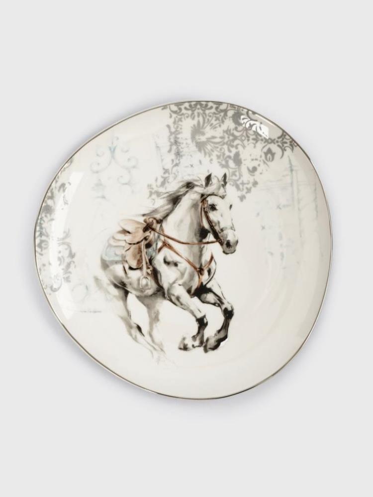 Тарелка закусочная, 21 см, фарфор N, белая, с серебристым кантом, Конь, White horse