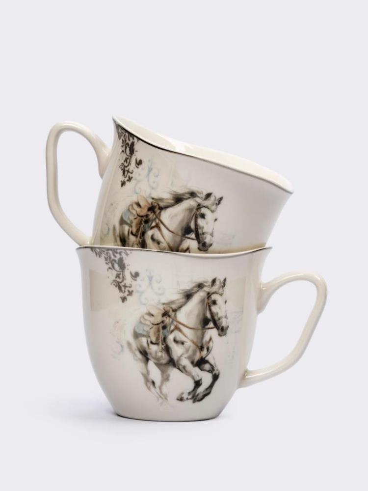 Кружка, 320 мл, 2 шт, фарфор N, белая, с серебристым кантом, Конь, White horse