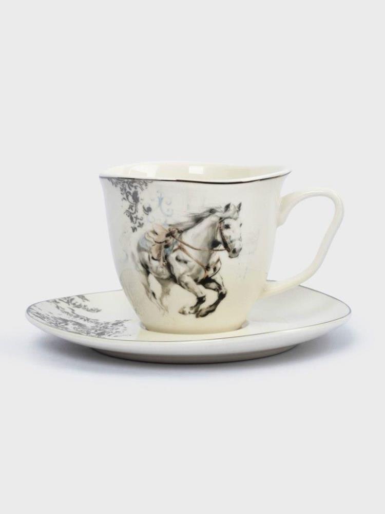 Пара чайная, 1 перс, 2 пр, 250 мл, фарфор N, белая, с серебристым кантом, Конь, White horse