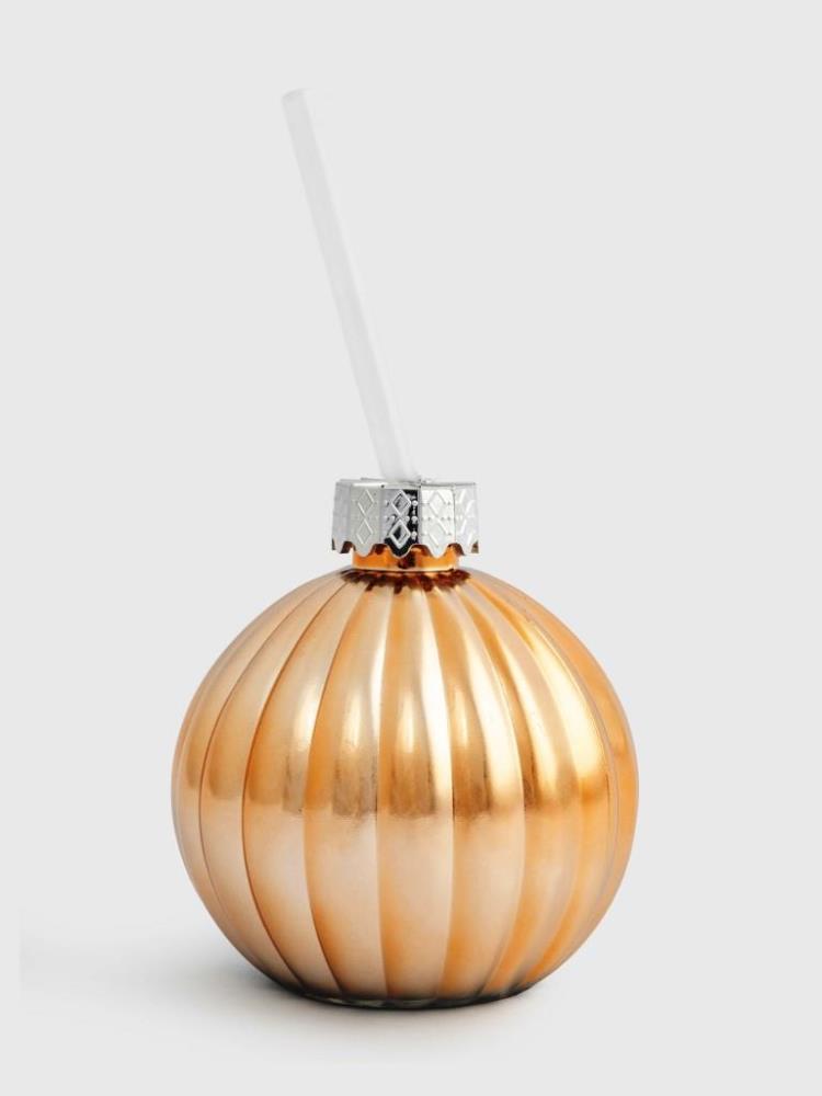 Банка для напитков, 400 мл, с крышкой и трубочкой, стекло, золотистая, Шар, New year