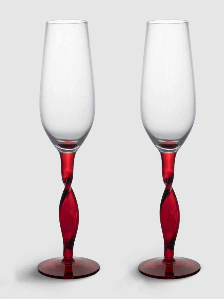 Бокал для шампанского, 220 мл, 2 шт, стекло, красная ножка, Villalago
