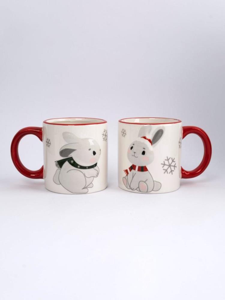 Кружка, детская, 350 мл, 2 шт, керамика, молочно-красная, Зайчики в шарфах, New year