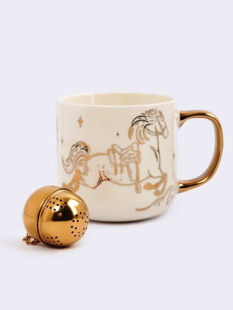 Кружка, 400 мл, с ситом для заваривания, фарфор N/сталь, золотистая, Лошадь/Звезда, Horse