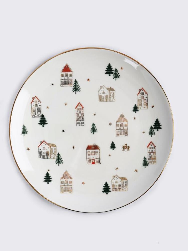 Тарелка обеденная, 27 см, фарфор N, бело-золотистая, Домики и ели, Townlet