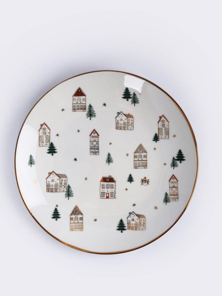 Тарелка закусочная, 20 см, фарфор N, бело-золотистая, Домики и ели, Townlet