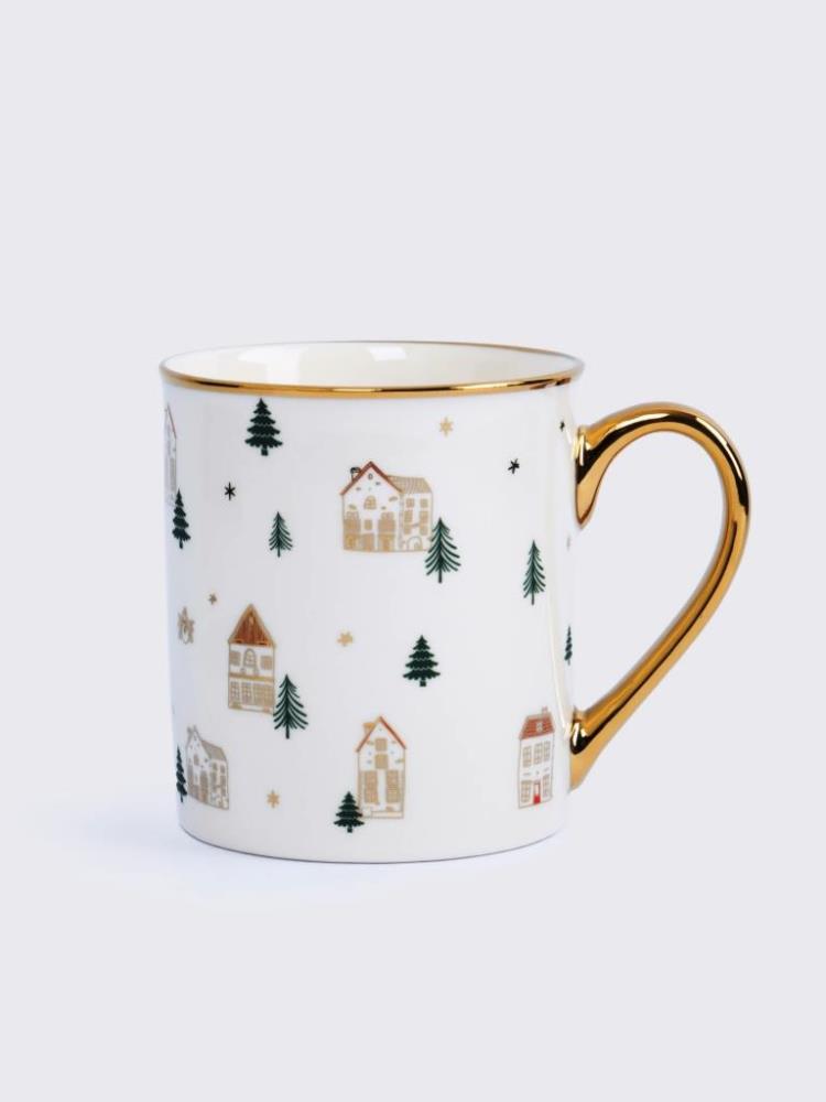 Кружка, 300 мл, фарфор N, бело-золотистая, Домики и ели, Townlet
