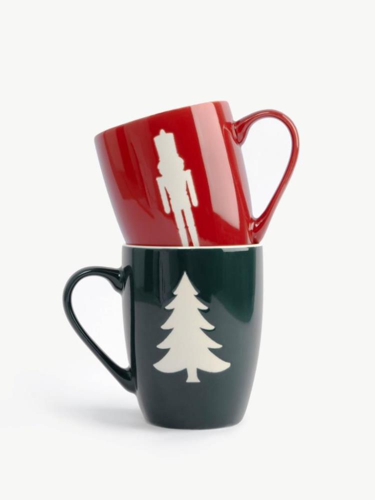 Кружка, 350 мл, 2 шт, фарфор N, зеленая/бордовая, Елка/Щелкунчик, New year