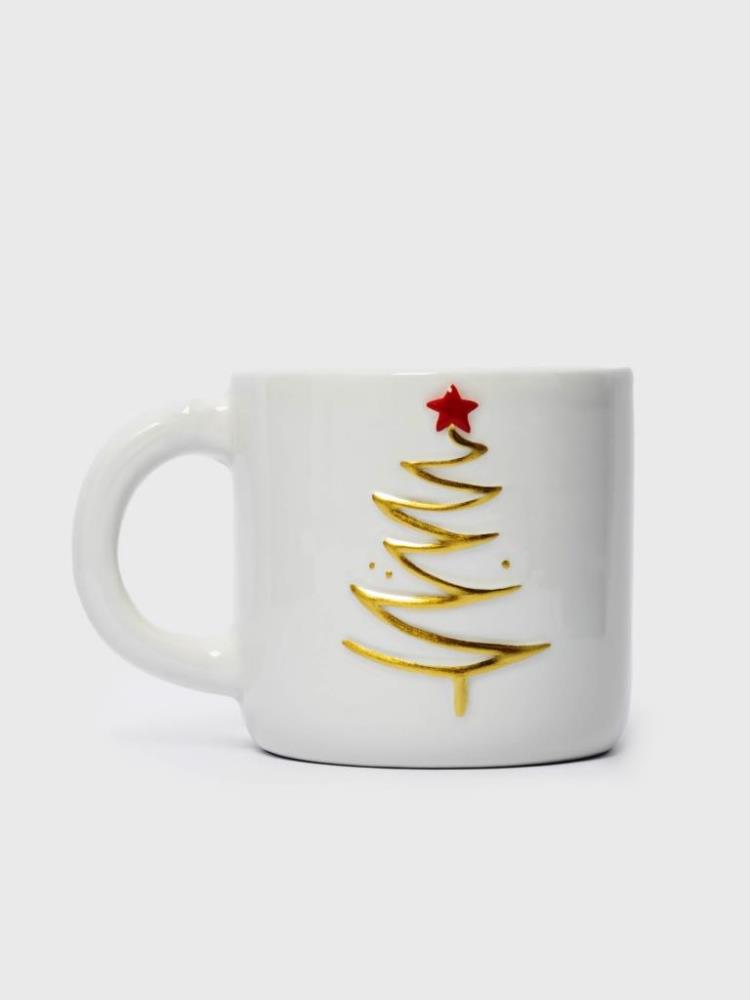 Кружка, 300 мл, керамика, молочно-золотистая, Ель со звездой, New year