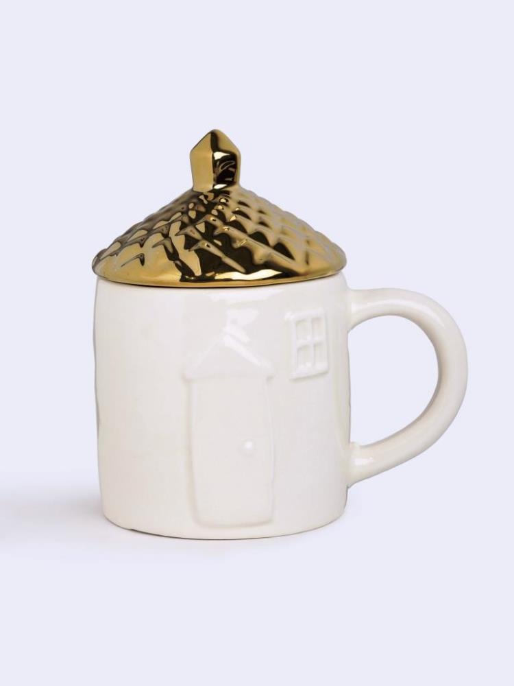 Кружка, 360 мл, с крышкой, керамика, молочно-золотистая, Дом, Townlet