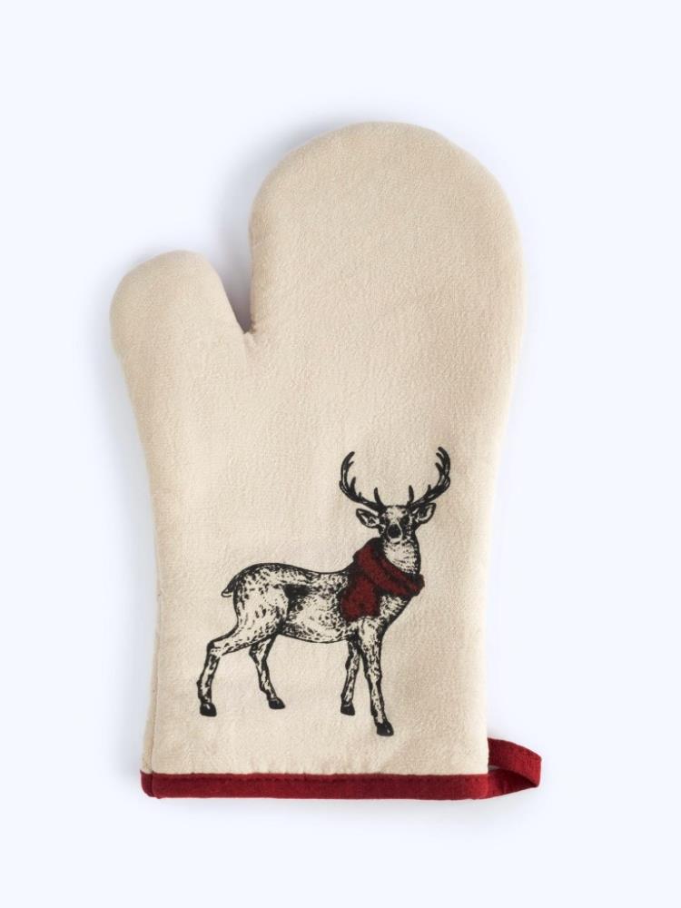 Прихватка-варежка, 18x30 см, хлопок, серо-бежевая, Олень в шарфе, Deer