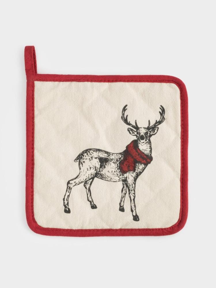 Прихватка, 20x20 см, хлопок, серо-бежевая, Олень в шарфе, Deer