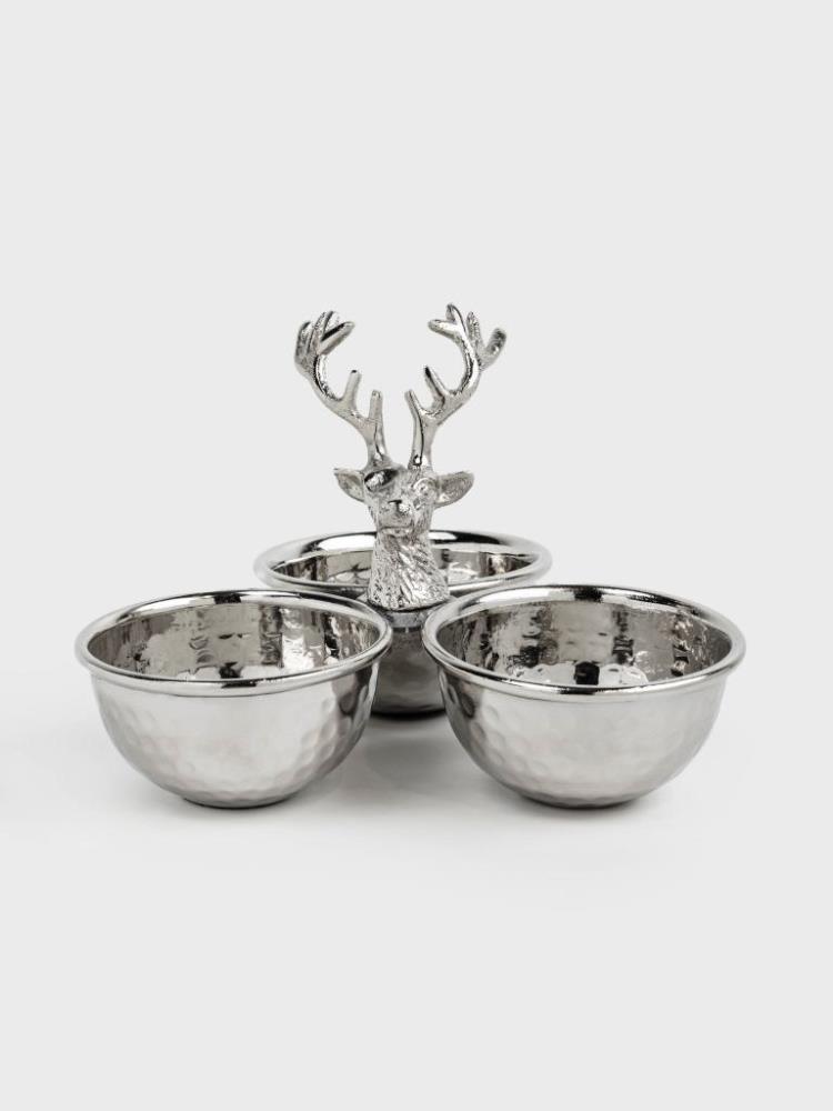 Менажница, с декором, 23х15 см, 3 отд, с ручкой, металл, серебристая, Олень, Maral grey