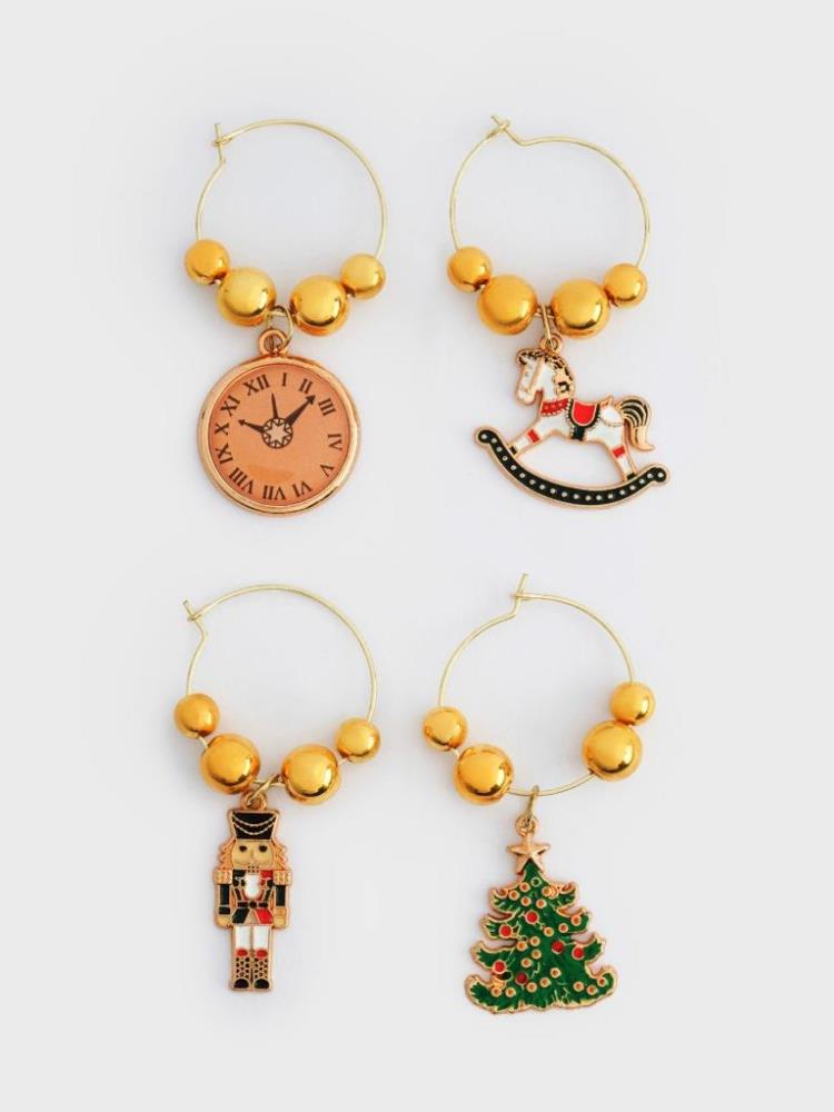 Подвеска для бокала, 4 шт, металл/стразы, Елка с игрушками, New year