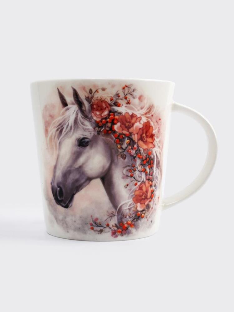 Кружка, 450 мл, фарфор F, белая, Лошадь с цветами, Horse