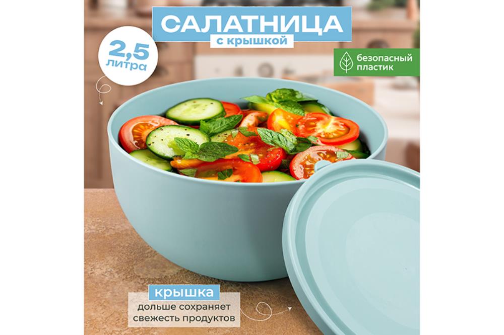 Салатница с крышкой 2,5 л 21*21*10,8 см серо-голубой (модель 281)