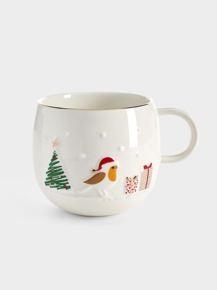Кружка, 400 мл, фарфор P, белая, с золотым кантом, Птичка, Let It Snow