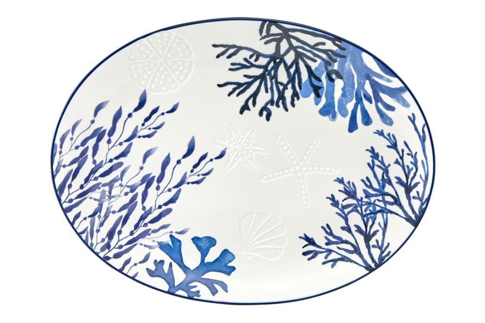Блюдо, 40х30 см, керамика К, белое, овальное, Синие кораллы, Blue Coral