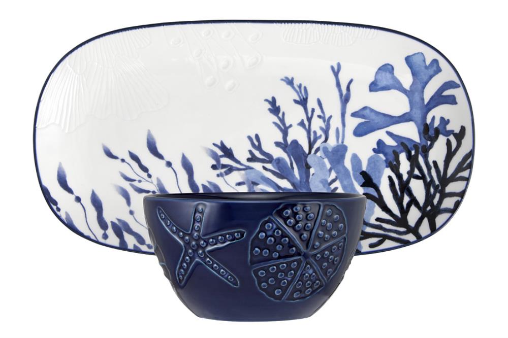 Набор, 2 пр, блюдо/салатник, керамика К, белое/синий, Синие кораллы, Blue Coral