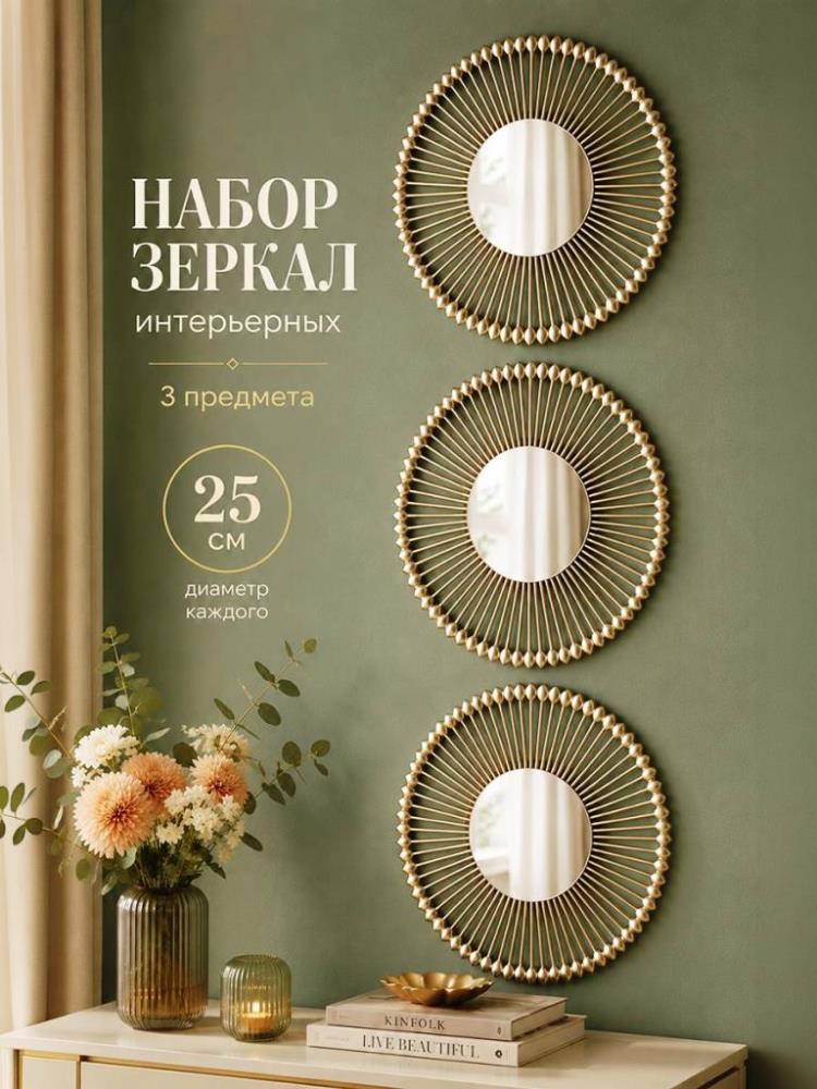 Набор зеркал интерьерных 3 пр. 25*25*1,2 см круглый, пластик Набор зеркал интерьерных 3 пр. 25*25*1,2 см круглый, пластик